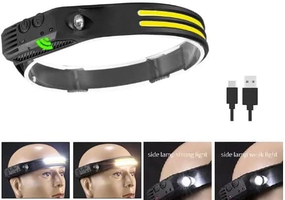 2-Lamps LED Oppladbar Hodelykt med LED Sidelys og Bevegelsessensor med Blits
