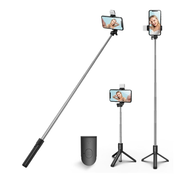 Selfie Stick-stativ med lys, forlengbart 360° rotasjonsstativ med avtakbar trådløs fjernkontroll Bærbar 3-i-1 telefonholder (svart)