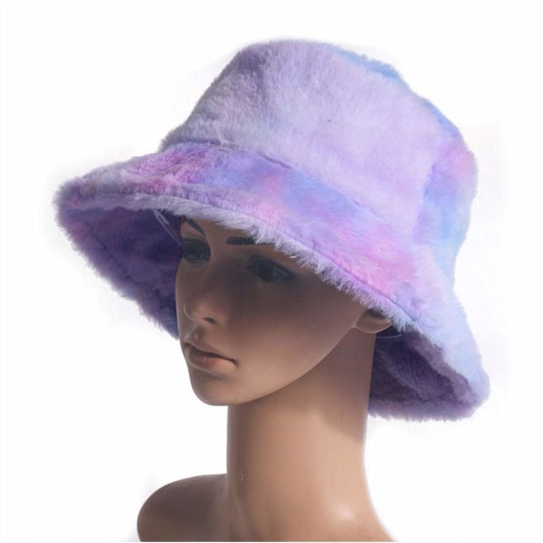 Farverig Kvinder Faux Fur Bucket Hat Fluffy Winter Warm Hat Fisherman Hat til Damer Piger Blue Purple
