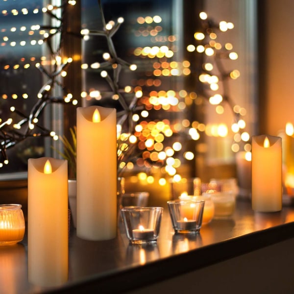 Set med 5 realistiska dansande LED-flimrande vekar för fester, batteridrivna, 10-tangenters fjärrkontroll, elfenbensfärg.