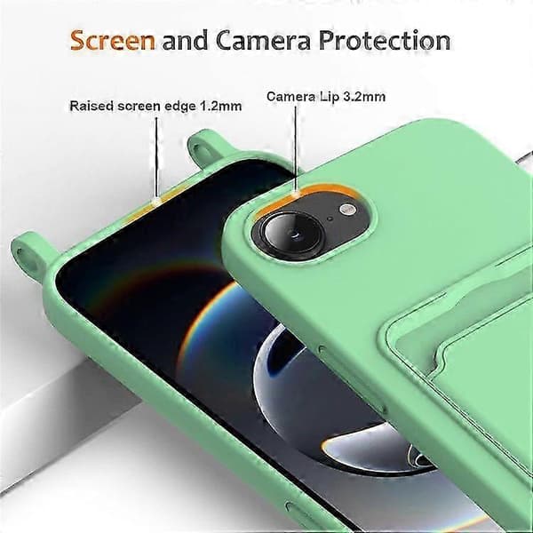 Flydende silikone etui med kortholder og lanyard til iPhone 16e Green