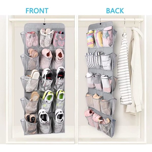 30 store lommer sko hængende opbevaring arrangør til garderobeskinne rack dobbeltsidet med roterende bøjle mesh sko arrangør, grå Gray
