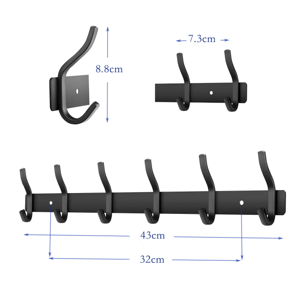 Klädkrok i rostfritt stål, väggkrok, klädkrok med 6 krokar, klädhängare, väggklädhängare för sovrum, badrum, kök black