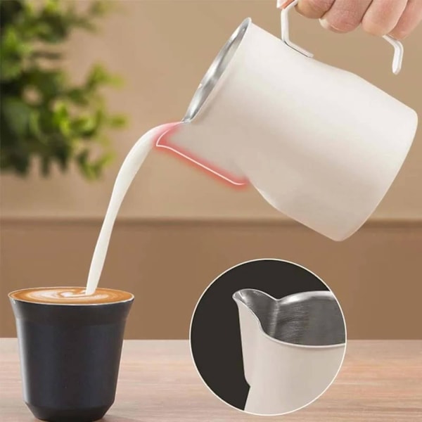 Rustfritt stål espressokanne for steaming, melkeskummerkanne for espressomaskiner, cappuccino latte art, hvit, 350 ml