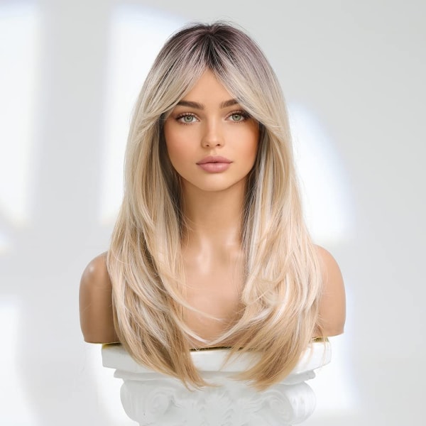 Blond peruk för kvinnor, långt naturligt syntetiskt hår, kvinnor, värmebeständig fiber, ljus gyllene peruk, 22 tum