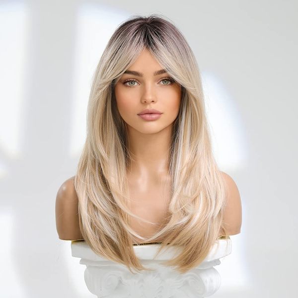 Blond peruk för kvinnor, långt naturligt syntetiskt hår, kvinnor, värmebeständig fiber, ljusblond peruk, 22 tum