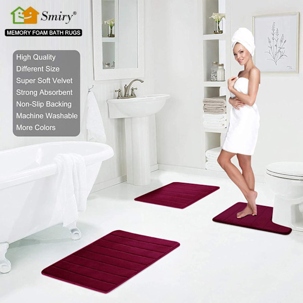 Memory Foam Bademåtte, 40 x 60 cm, Ekstra Blød Skridsikker Bademåtte, Super Absorberende BademåtterMaskinvaskbar Tør Bademåtte Fodmåtte, Vinrød Wine Red
