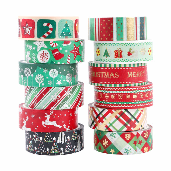Christmas Washi Tape Sæt 12 ruller Guld Sølv Folie Masking Tape Pakke Farverige dekorative tynde tape Juleferie Kunst Craft Tape DIY (1,5 cm X 5 m)