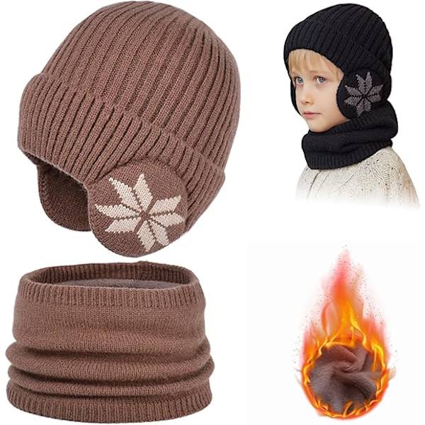 Vinterhalsdukssats i fleece för barn, stickad mössa och halsduk i varm vinterkvalitet för små pojkar och flickor, kaffe