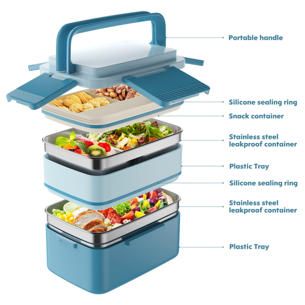 Bento-laatikko, lounasrasia aikuisille ruostumattomasta teräksestä valmistetulla lokerolla, lounaslaatikko, tiivis, suuri tilavuus, BPA-vapaa, säilyy pitkään tuoreena (sininen)