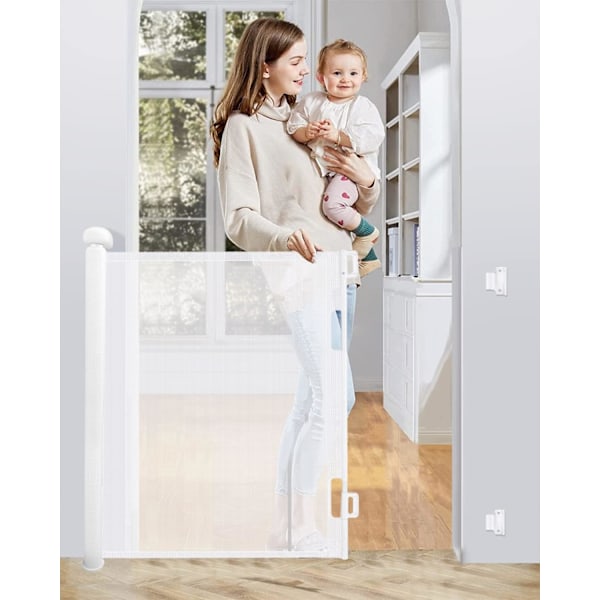 Retractable Safety Gate 0-140cm, Extendable Child Safety Gate, One-handed Operation Dog Gate White