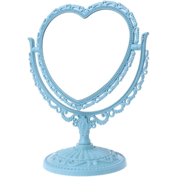 Simple and Lovely Heart-Shaped Cosmetic Mirror Plastic Double-Sided Rotatable Dresser Mirror Lightweight Mirror Bathroom Bedroom Mirror(Blue)