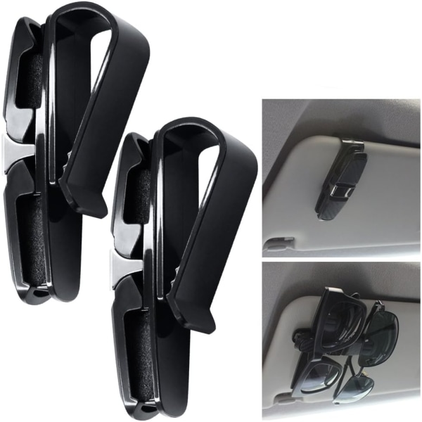 2 Pack Sun Visor Glasses Holder, with Clip for Sunglasses or Cards, Black+Silver