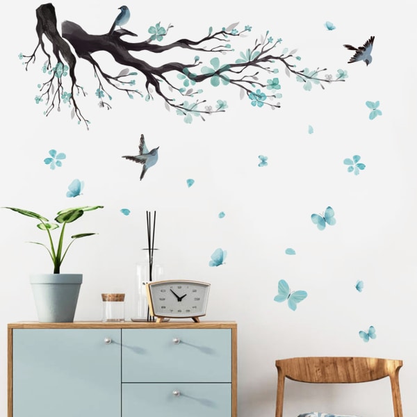 Wallsticker træ blomster akvarel wallsticker blomster blå fugle wallsticker stue soveværelse sofa baggrund vægdekoration