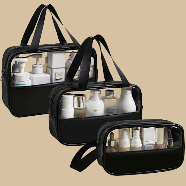 Transparent kosmetisk väska, 3-pack, vattentät PVC necessär för kvinnor, lätt sminkväska för kosmetika, necessär resekit black