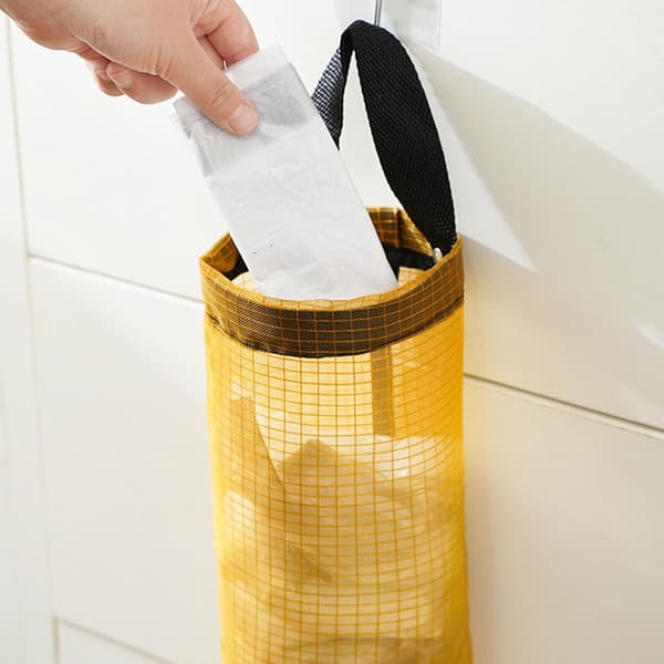 Vægmonteret plastikposeholder, nylonposeholder til dagligvarer, pladsbesparende, multifunktionel (gul)