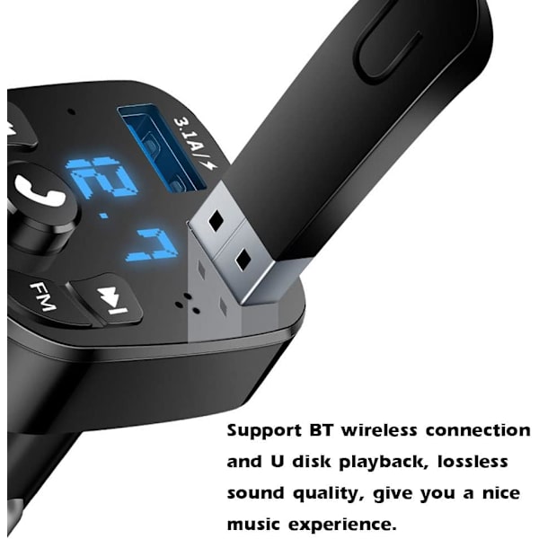 Bluetooth trådløs FM-sender, Bluetooth bil MP3-afspiller, oplader, 2 USB-porte, USB-flashdrev spændingsvisning