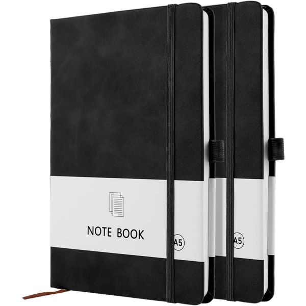 A5 Notebook, 2 Pack Notebook A5 200 sidor 100 GSM Journal Notebook Hardback Anteckningsblock med bokmärke, pennögla och elastisk stängning (svart+grön) Dark green,Black