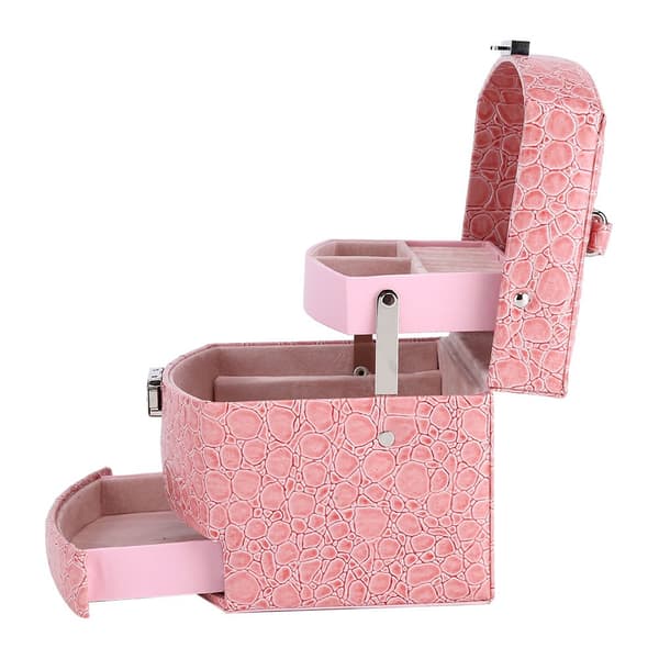 Läder smyckeskrin 3 fack sammet låsbart med nyckel spegel tillbehör pink