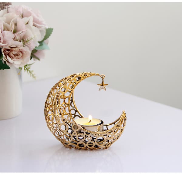 Metall lysestake, lysestake, telys, lysestake, telysholder, månelysstativ, halvmåne lysestake, Ramadan telys gold