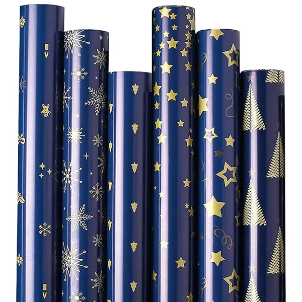 Rullpaket Julklappspapper, återvinningsbart 10 rullar marinblått och gulddesignat omslagspapper för julklappsinpackning festdekoration