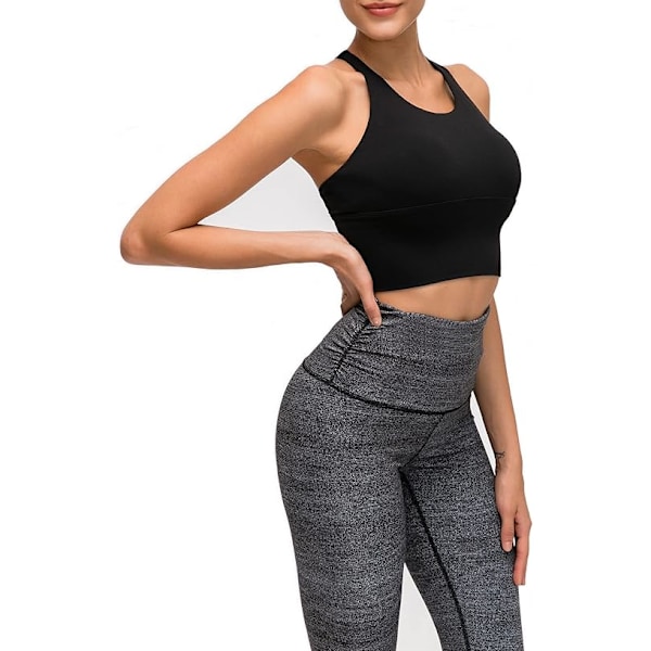 Kvinners Polstret Stropp Sports BH Longline Trenings Yoga Tank Top med Innebygd Hylle BH-M Svart