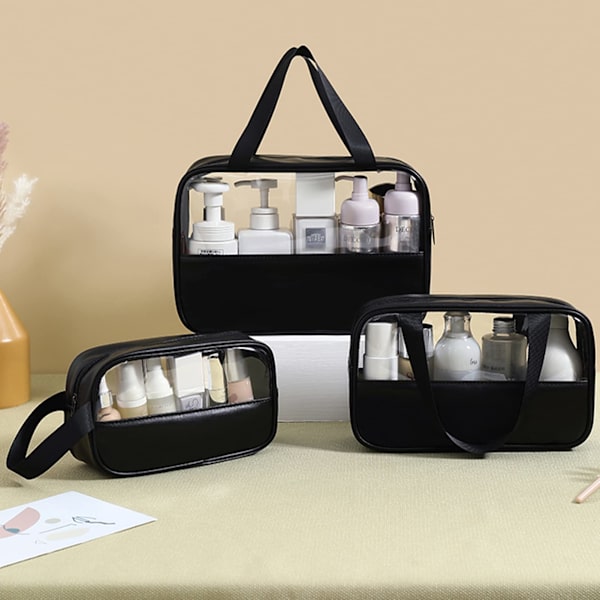 Transparent kosmetisk väska, 3-pack, vattentät PVC necessär för kvinnor, lätt sminkväska för kosmetika, necessär resekit black
