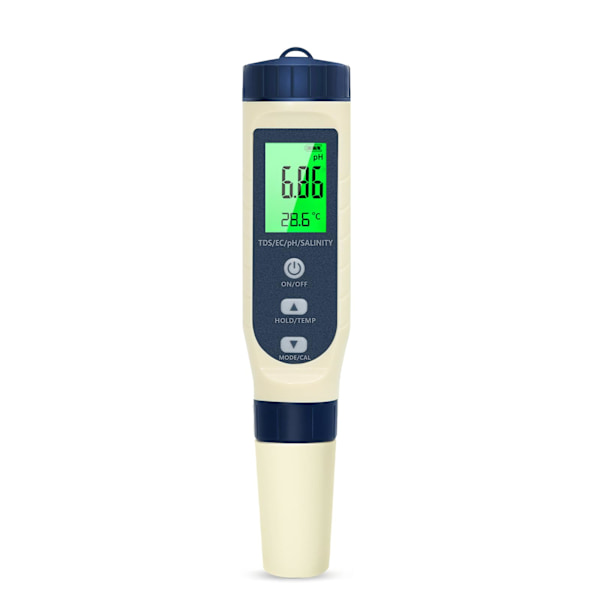 5-i-1 pH-mätare med LCD-display, automatisk temperaturkompensation, elektronisk pH-mätare, lämplig för dricksvatten, akvarier och swimmingpooler.