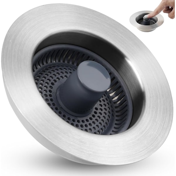 3 i 1 kjøkkenvaskstopper sil, 304 rustfritt stål pop-up vaskavløp sil med håndtaksstang for US standard 3-1/2 tommers avløpsfilter sliver