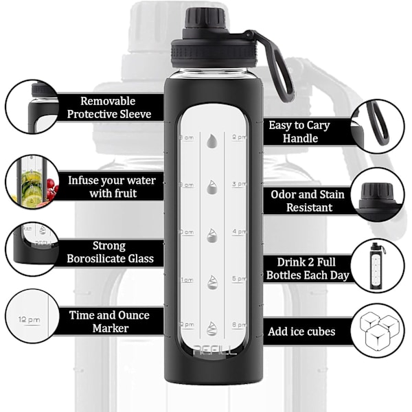 32 oz glasflaska med tidsmarkörpåminnelse, 1 liters glasflaska, BPA-fri, (svart hylsa) Black