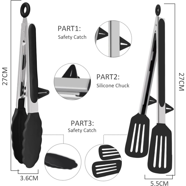 Køkkentænger - 2-pak køkkentænger skridsikre rustfrit stål madlavningstænger sæt madlavningstænger silikone tænger til grill, stegning, salat og madlavning (sort)