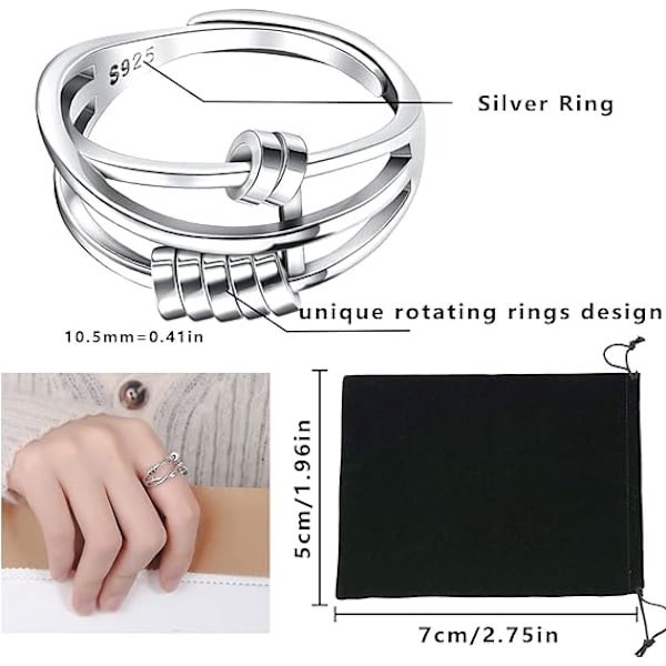 Ångest Ring, Fidget Ring Ångest Ringar  Spinner Ring, Silverpläterade Fidget Ringar för Ångest Stressavlastare Spinner Ringar, Justerbara Ringar