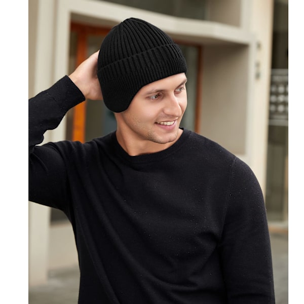 Vinterhue til kvinder, strikket hue med øreklapper til mænd, bløde huer termiske, vinterhue unisex, varm chunky hue med manchet Black