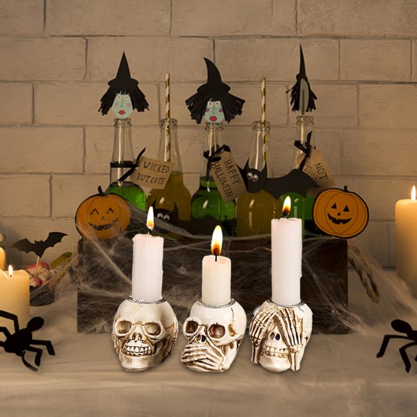 Skull-kynttilänjalka, kallo-kynttilänjalka, vintage luuranko-kallo-kynttilänjalka makuuhuoneen olohuoneeseen, Halloween-joulutalo (3 kpl kallo) 2