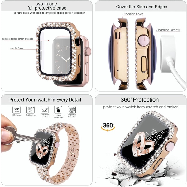 Band Compatible Apple Watch Band 40mm Ladies with Screen Protector Full Coverage Sparkling Rhinestone Crystal Case with Metal Band (Rose Gold)