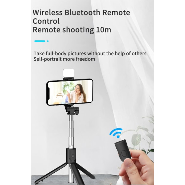 Selfie Stick-stativ med lys, forlænges 360° rotationsstativ med aftagelig trådløs fjernbetjening Bærbar 3 i 1 telefonholder (sort)