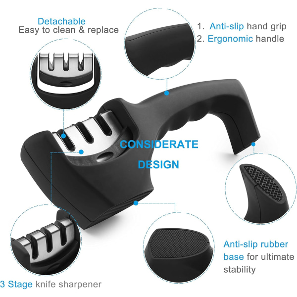 Keittiöveitsen teroitin - Ammattimaiset 3-vaiheiset manuaaliset teroittimet - Ergonominen kahva ja liukumaton pohja - Turvallinen teroitustyökalu, musta