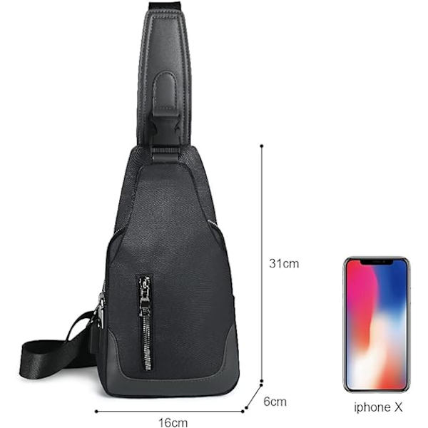 Skuldertaske, Brysttaske med USB-opladningsport, Letvægts Crossbody til Mænd Kvinder Til Vandreture, Cykling, Rejser, Shopping（Sort） Black