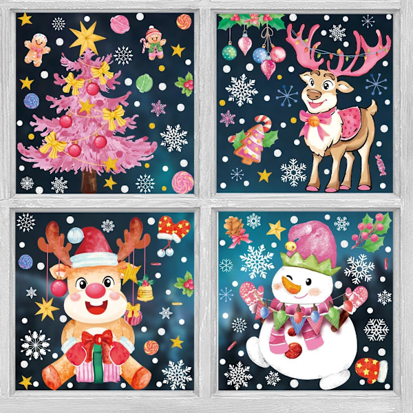 Christmas Window Clings Stickers, Christmas Tree Reindeer Snowman Window Decals Christmas Snowflake Stickers,4 Sheet,3