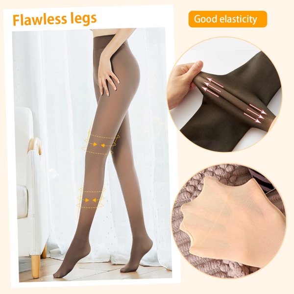 Fleece-foret tights, vintertights til kvinder termisk elastisk højtaljet falsk gennemsigtig vinterleggings til kvinder (XL, 80g) light brown Thin,XL