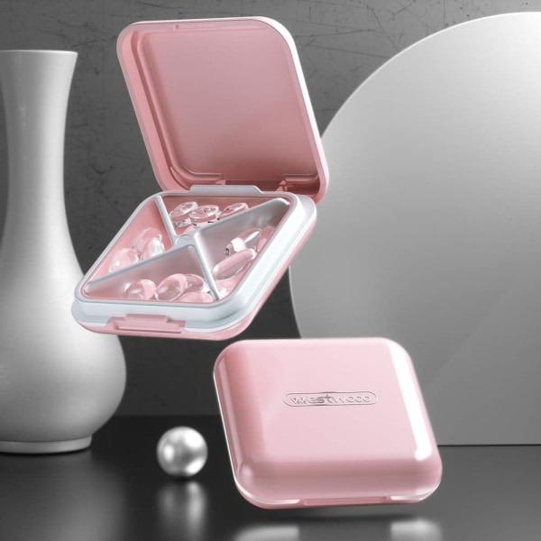 Pillbox, fuktsäker liten tablettbox, bärbar tablettbox för resor, BPA-fritt case med 4 stora fack (rosa) Pink