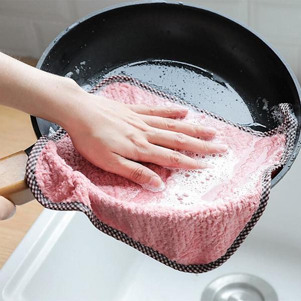 Ripustettava korallifleece käsipyyhe keittiön puhdistuspyyhe neliömäinen astiapyyhe superimukyinen pyyhe-Pinkki