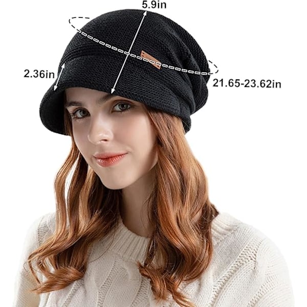 Damer Slouchy Strikket Hat Vinter Varmt Fleeceforet Beanie Hat Strækbar Skull Cap med Visir Brim, Sort