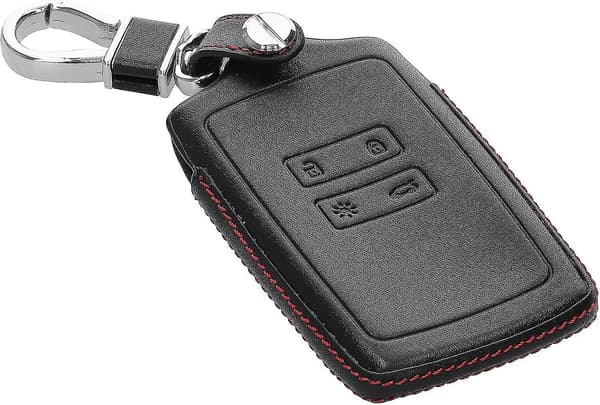 Etui kompatibelt med Renault Smart Key 4-knaps (Kun Keyless Go) - Sort-Rød - Ægte Læder Bil