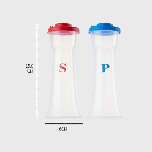 Set med 2 salt- och pepparströare i plast med lock, stor timglasform