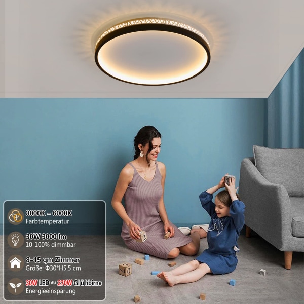 LED loftslampe dæmpbar med fjernbetjening, 30W 30cm rund sort huldesign "fuglerede" loftslampe soveværelse