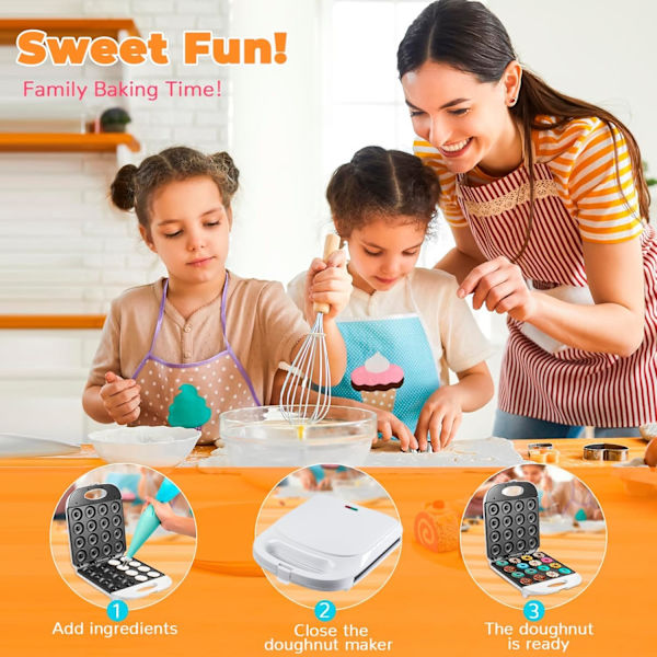 Mini Donut Maker - Donut Maker Maskine til Hjemmet - 16 Små Donut Maker, Elektrisk Non-Stick Overflade Gør til Børns Donut Maker, Laver Donuts (Hvid)