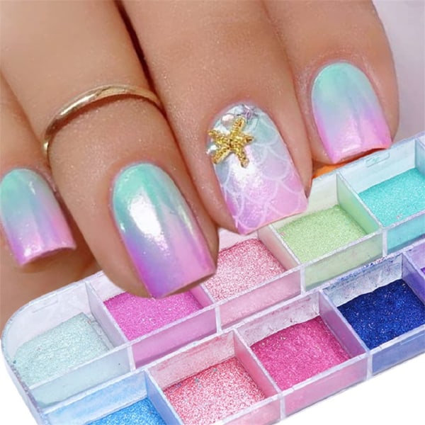 12 Grids Nail Glitter Pulver, 3D Sparkle Nail Art Fargerik Shiny Glitter Mermaid Mirror Effect Perle Powder Rainbow Neon Nail Powder Rainbow Glitter
