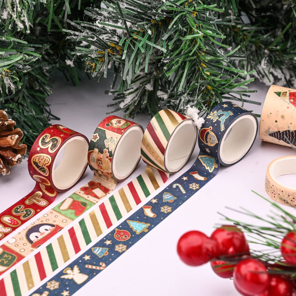 Christmas Washi-tapesett, 8 ruller maskeringstape Gullfolie Dekorative ferietape-klistremerke selvklebende tape for juledesign Kunsthåndverkstape DIY