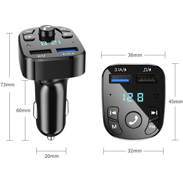 Bluetooth trådløs FM-sender, Bluetooth bil MP3-afspiller, oplader, 2 USB-porte, USB-flashdrev spændingsvisning